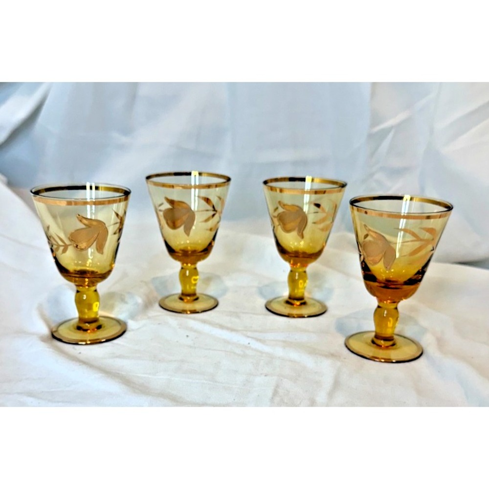 Vtg MCM Amber Glass Cordial Glasses Set 4 22K Gold Leaf Trim Romania